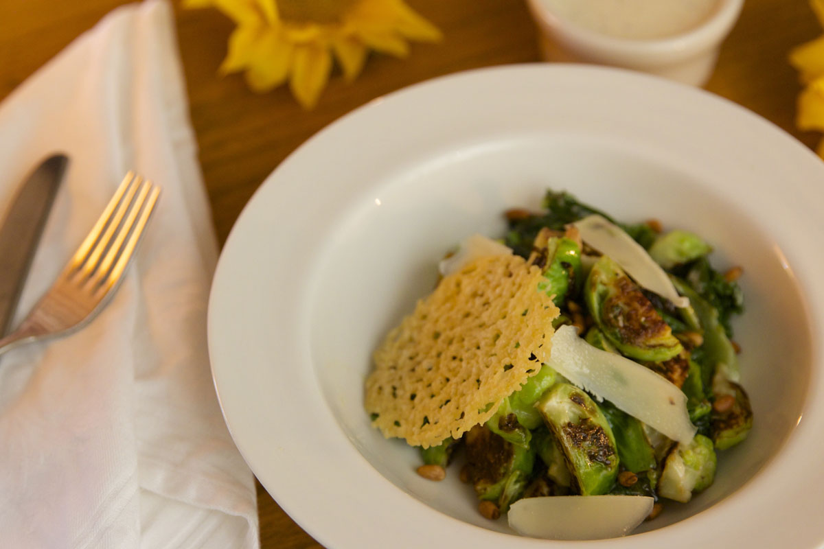 Roasted Brussels Sprouts Caesar with Pine Nuts and Parmesan Crisps