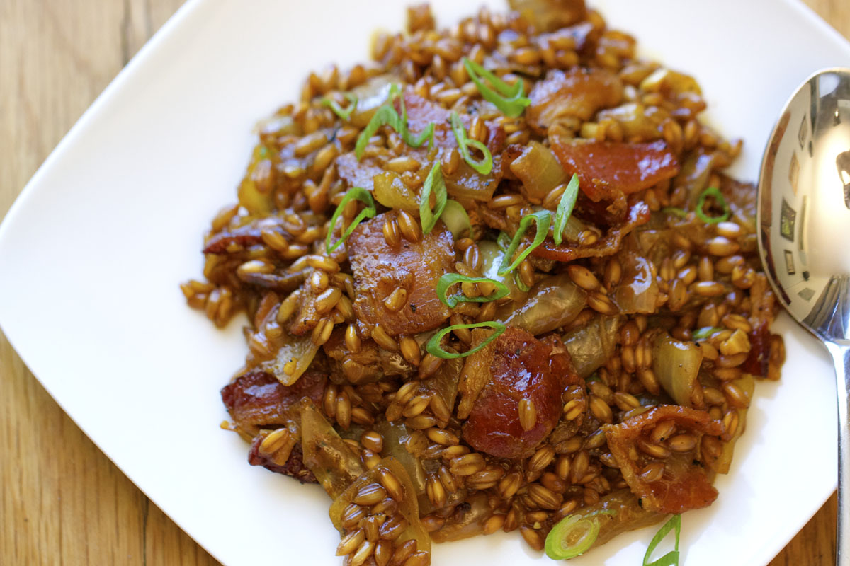 Spelt Risotto with Caramelized Onion & Bacon