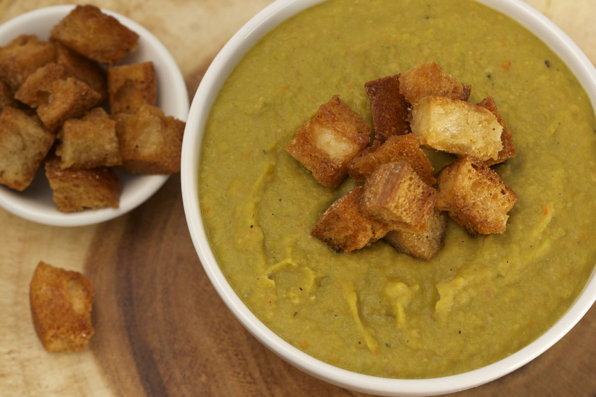 Split Pea Soup with Maple-Brown Butter Croutons